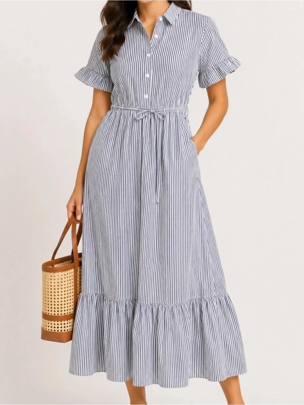 J.Crew Amelia Striped Cotton Poplin Maxi Shirt Dress Navy White Size Medium